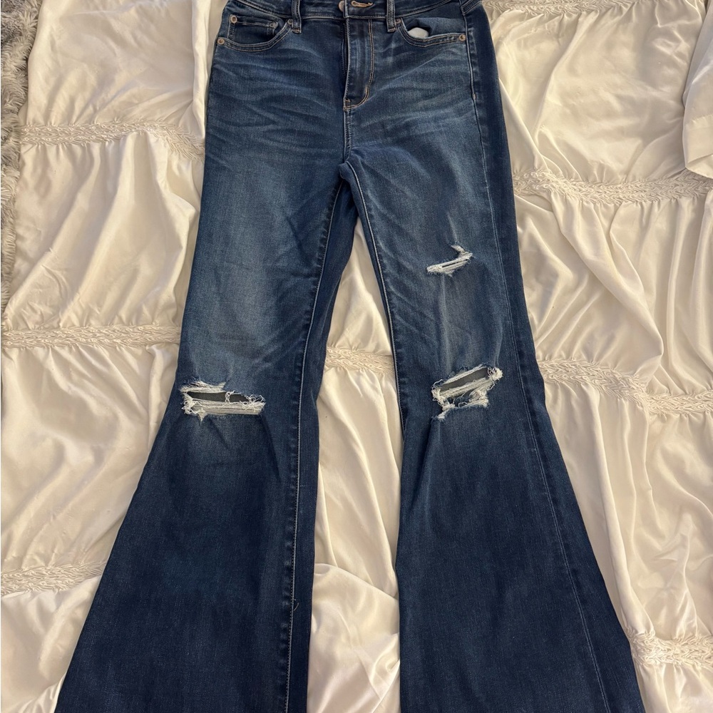 Women's Distressed Flare Jeans - Dark Blue